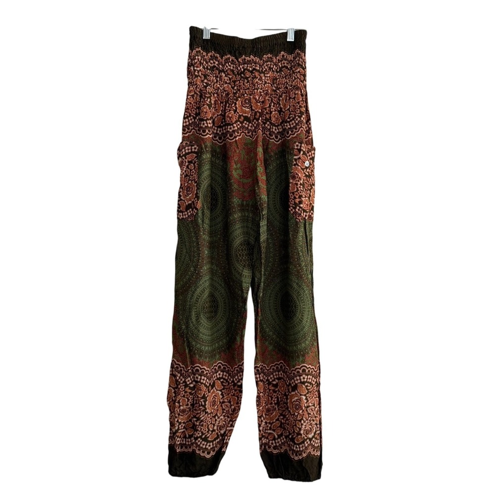 Bohopants Women's Bohemian‎ Smocked Pants Harem Hippy Brown Green - M